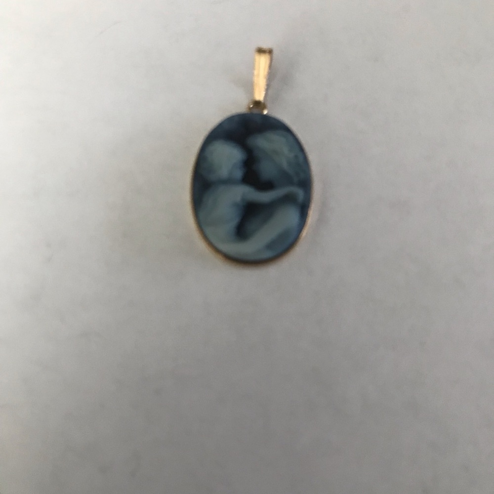 Genuine Blue Agate Mother and Child Cameo Pendant Stamped 14K